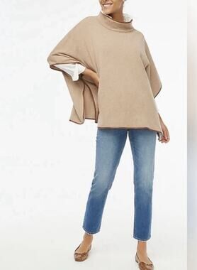 J. Crew Poncho Faux Leather Trim Cotton Mock Neck Minimalist Neutral